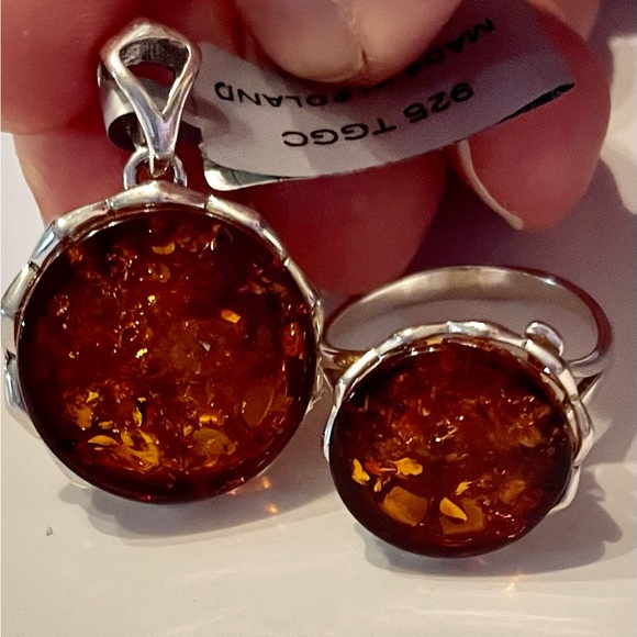 Jewelry - Authentic Amber , 925 sterling, silver pendant and ring size 7 ring set